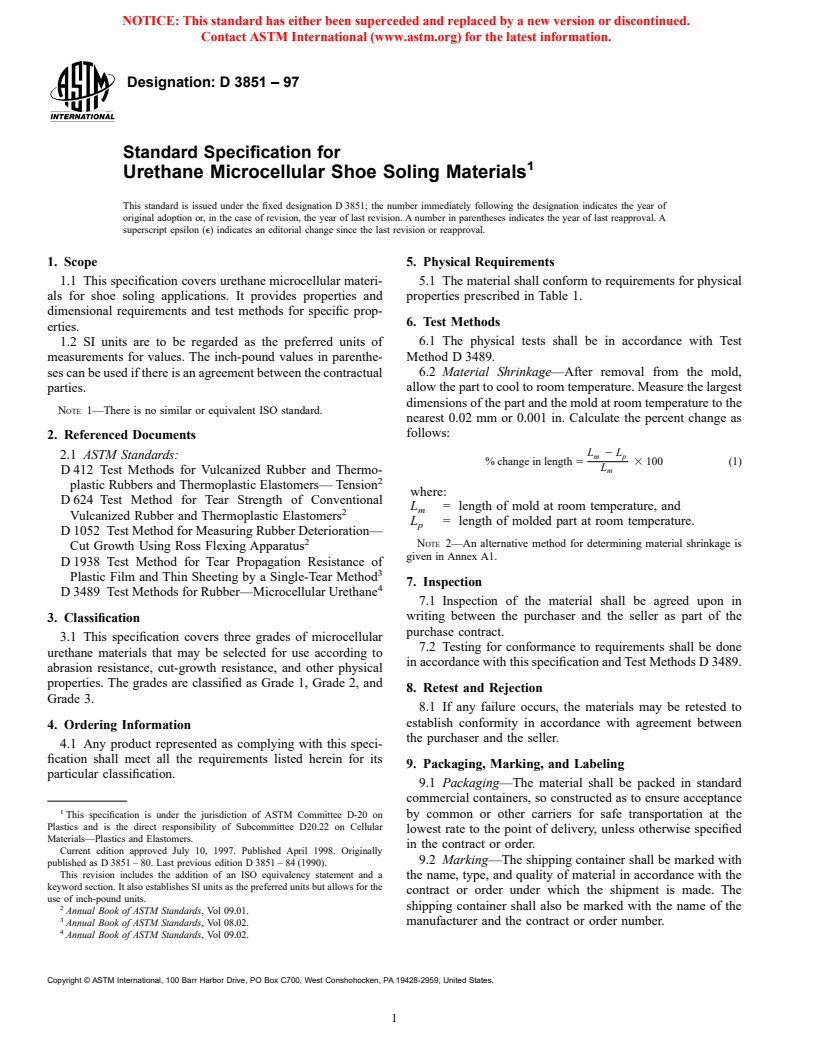 ASTM D3851-97 - Standard Specification for Urethane Microcellular Shoe Soling Materials