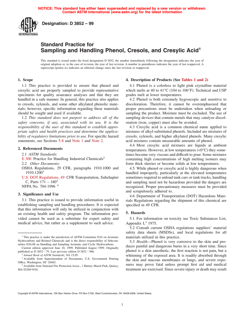 ASTM D3852-99 - Standard Practice for Sampling and Handling Phenol, Cresols, and Cresylic Acid