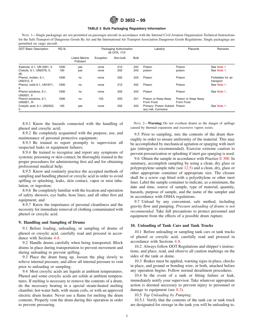 ASTM D3852-99 - Standard Practice for Sampling and Handling Phenol, Cresols, and Cresylic Acid