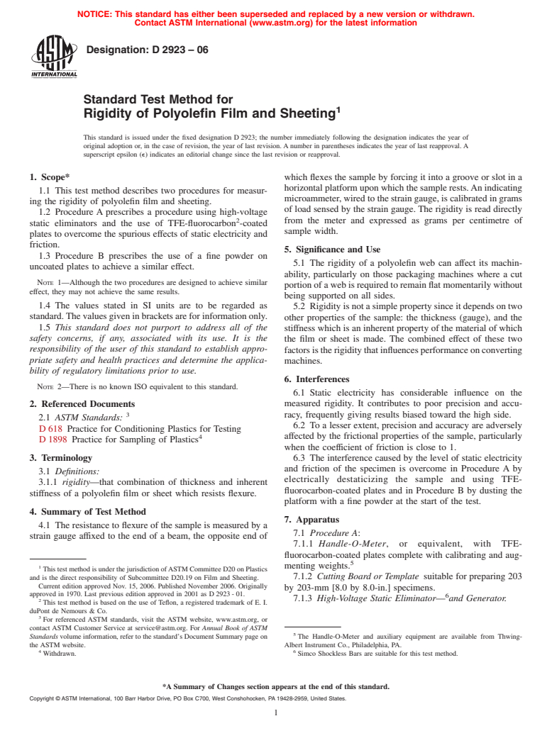 ASTM D2923-06 - Standard Test Method for Rigidity of Polyolefin Film and Sheeting