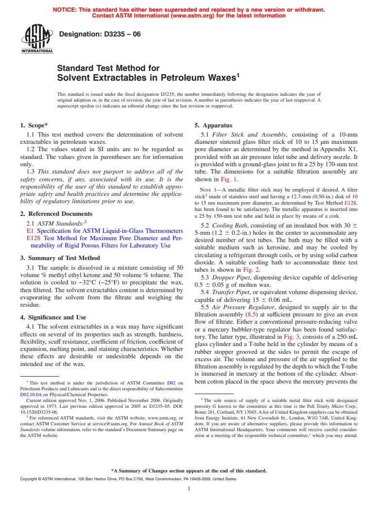 ASTM D3235-06 - Standard Test Method for Solvent Extractables in Petroleum Waxes