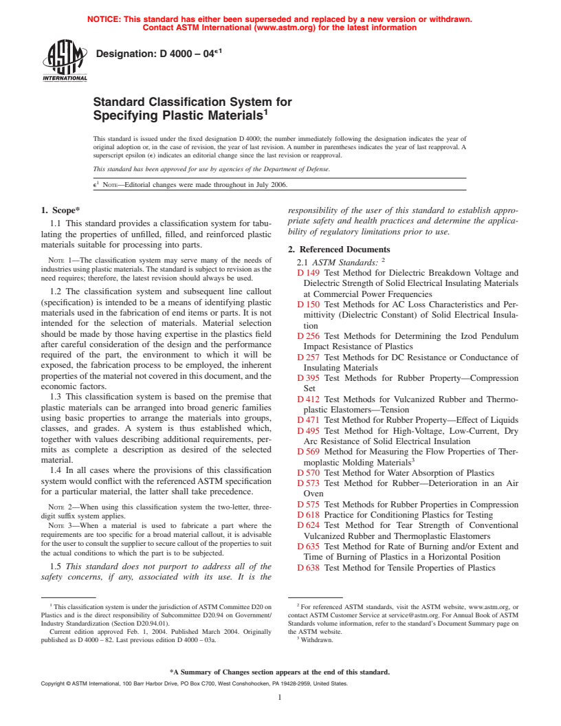 ASTM D4000-04e1 - Standard Classification System for Specifying Plastic Materials