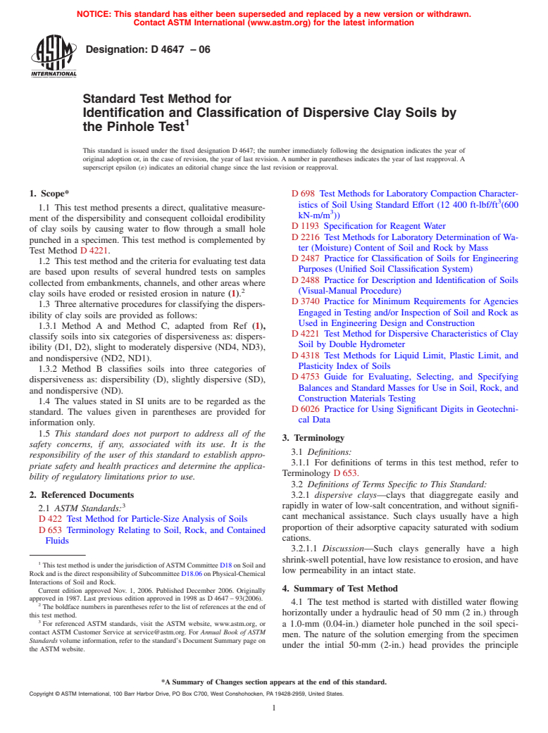 ASTM D4647-06 - Standard Test Method for Identification and Classification of Dispersive Clay Soils by the Pinhole Test