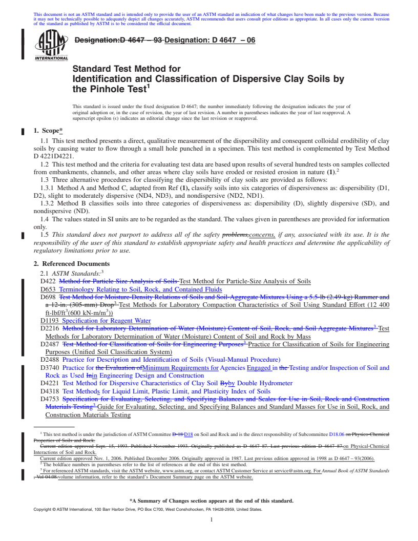 REDLINE ASTM D4647-06 - Standard Test Method for Identification and Classification of Dispersive Clay Soils by the Pinhole Test