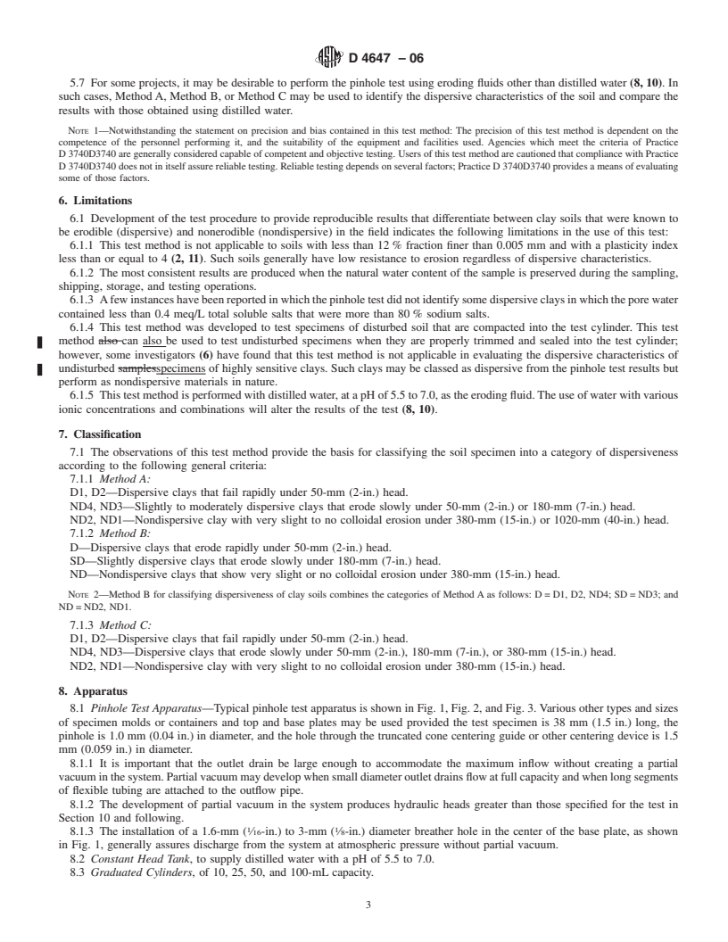 REDLINE ASTM D4647-06 - Standard Test Method for Identification and Classification of Dispersive Clay Soils by the Pinhole Test