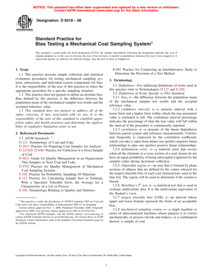 ASTM D6518-06 - Standard Practice for Bias Testing a Mechanical Coal Sampling System