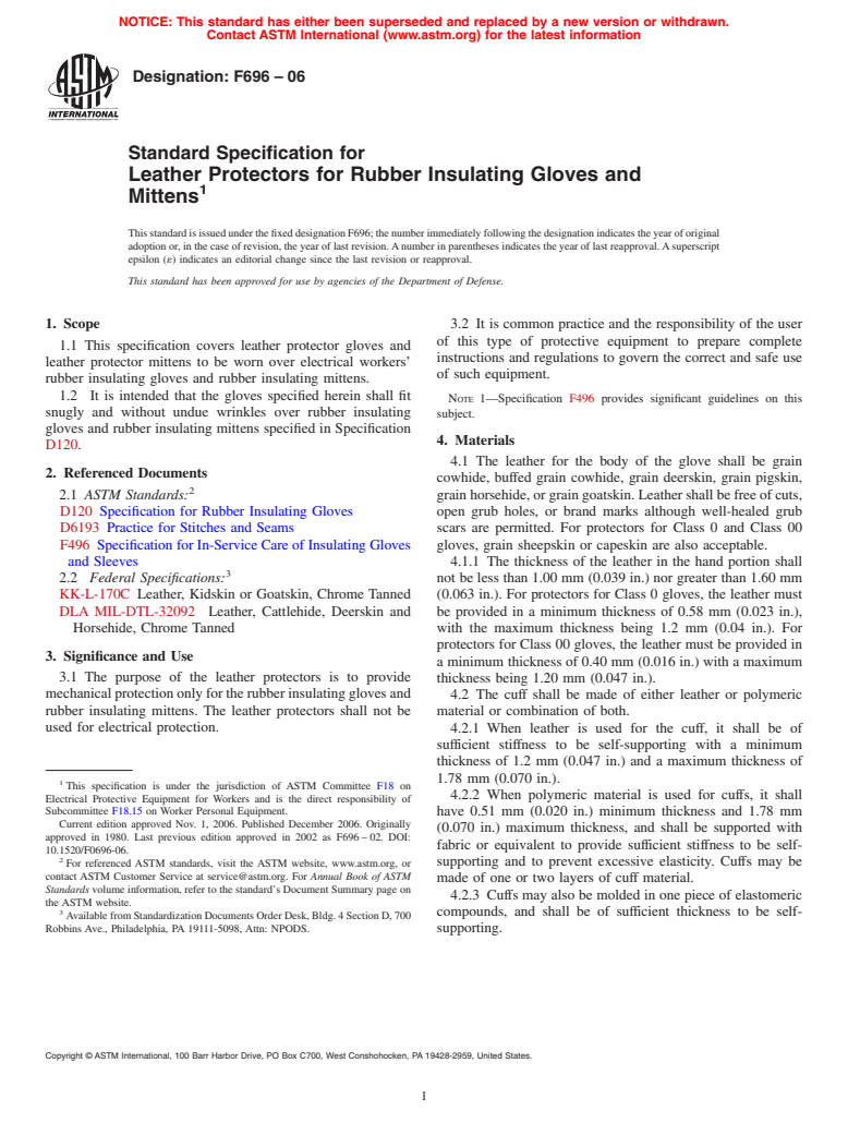 ASTM F696-06 - Standard Specification for Leather Protectors for Rubber Insulating Gloves and Mittens