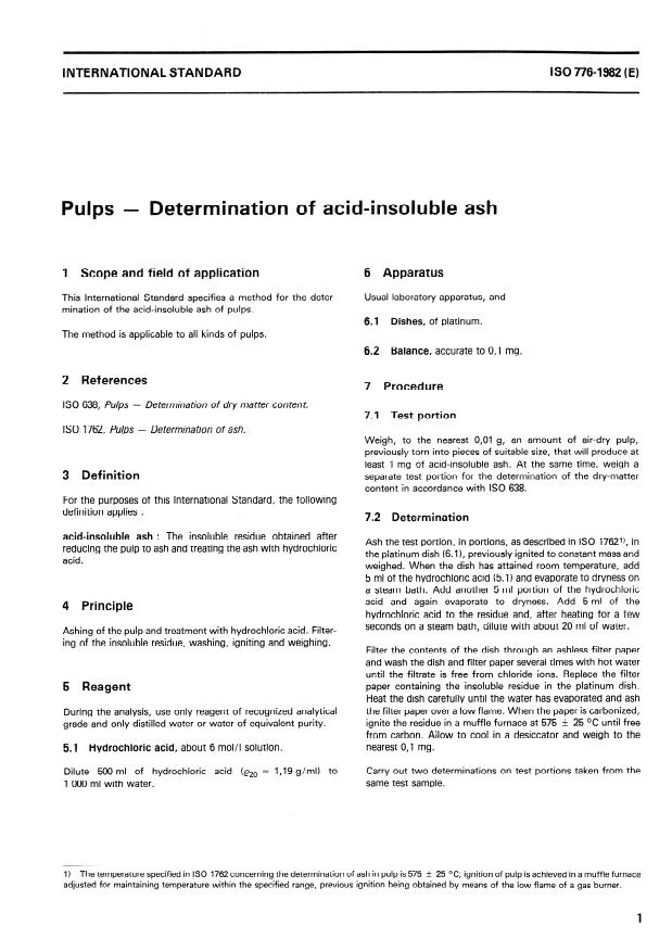 ISO 776:1982 - Pulps -- Determination of acid-insoluble ash