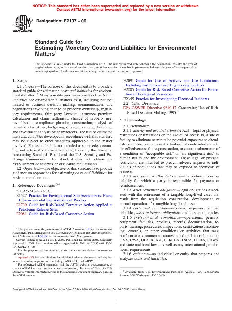 ASTM E2137-06 - Standard Guide for Estimating Monetary Costs and Liabilities for Environmental Matters