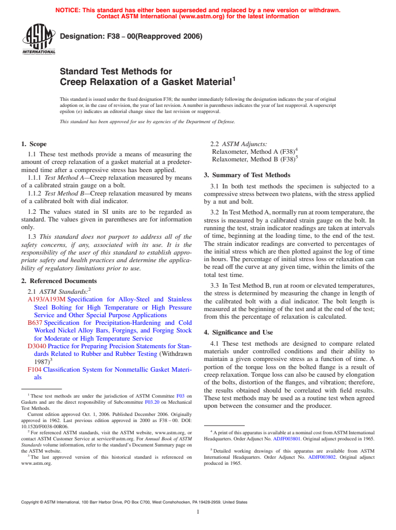 ASTM F38-00(2006) - Standard Test Methods for Creep Relaxation of a Gasket Material