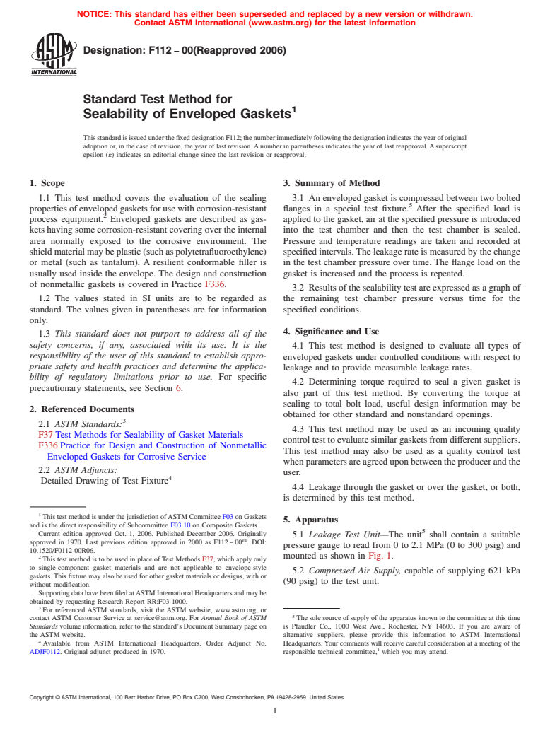 ASTM F112-00(2006) - Standard Test Method for Sealability of Enveloped Gaskets