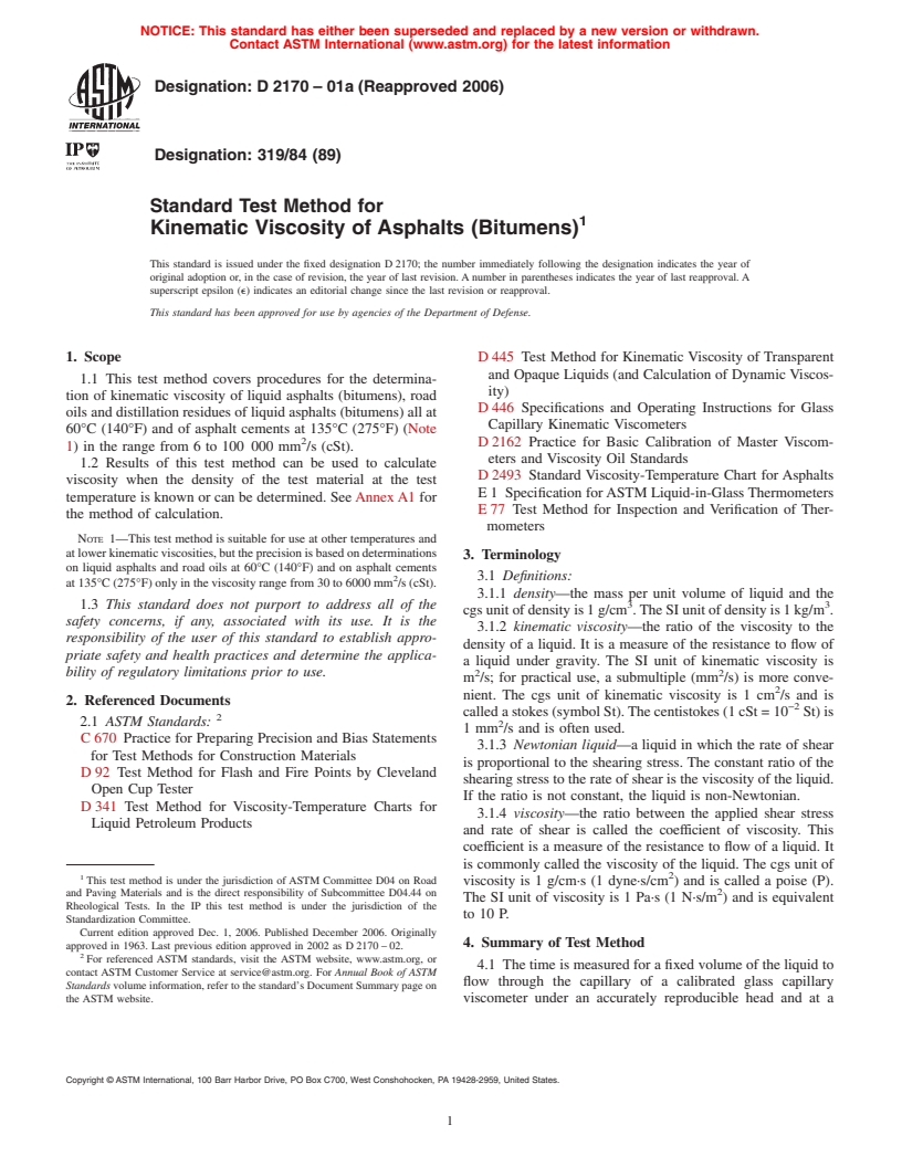 ASTM D2170-01a(2006) - Standard Test Method for Kinematic Viscosity of Asphalts (Bitumens)