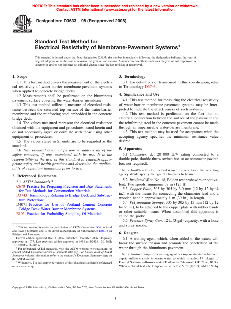 ASTM D3633-98(2006) - Standard Test Method for Electrical Resistivity of Membrane-Pavement Systems