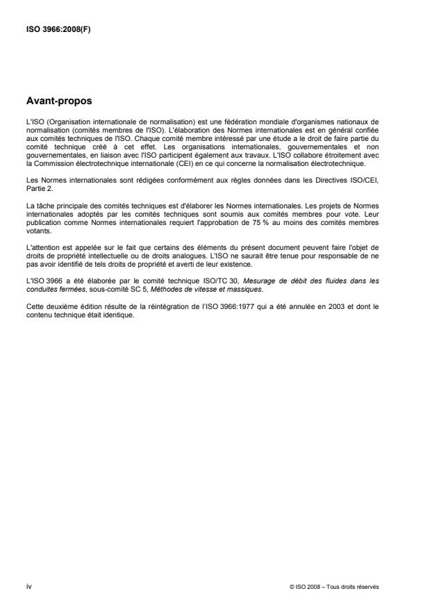 ISO 3966:2008 ISO 3966:2008 - Mesurage du débit des fluides dans les conduites fermées -- Méthode d'exploration du champ des vitesses au moyen de tubes de Pitot doubles - Page 4 preview