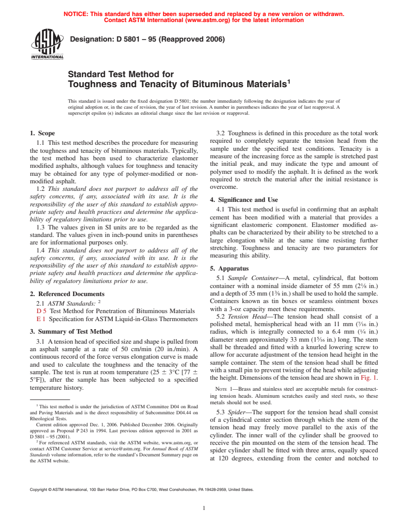 ASTM D5801-95(2006) - Standard Test Method for Toughness and Tenacity of Bituminous Materials