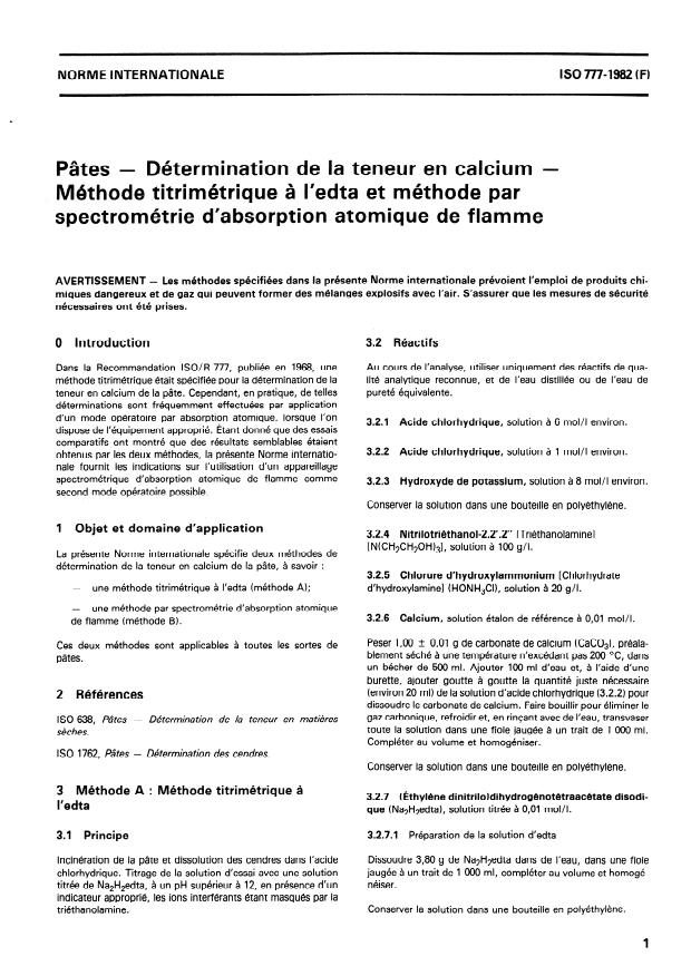ISO 777:1982 - Pâtes -- Détermination de la teneur en calcium -- Méthode titrimétrique a l'EDTA et méthode par spectrométrie d'absorption atomique de flamme