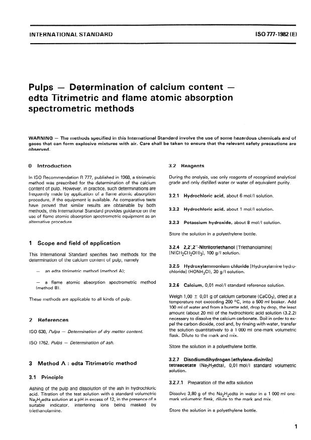 ISO 777:1982 - Pulps -- Determination of calcium content -- EDTA titrimetric and flame atomic absorption spectrometric methods