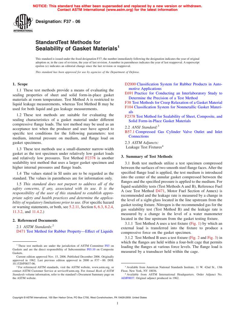 ASTM F37-06 - Standard Test Methods for Sealability of Gasket Materials