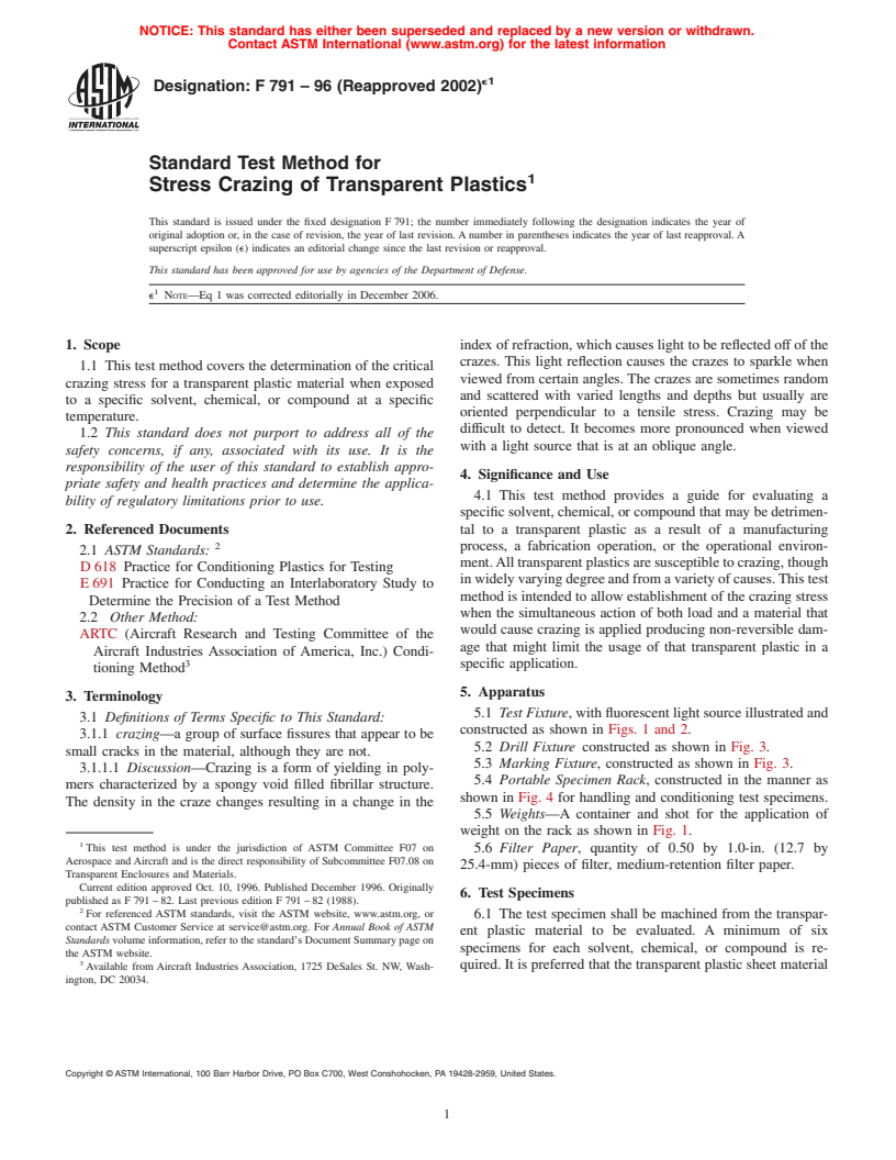 ASTM F791-96(2002)e1 - Standard Test Method for Stress Crazing of Transparent Plastics