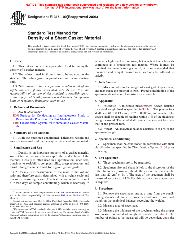 ASTM F1315-00(2006) - Standard Test Method for Density of a Sheet Gasket Material