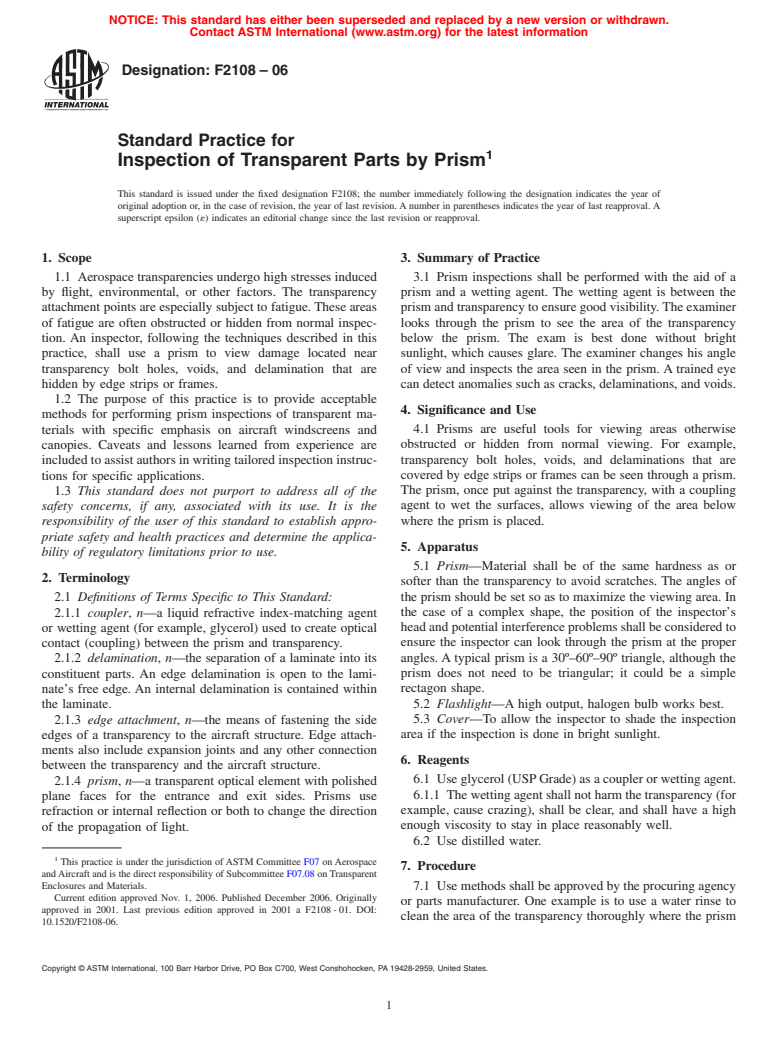 ASTM F2108-06 - Standard Practice for Inspection of Transparent Parts by Prism