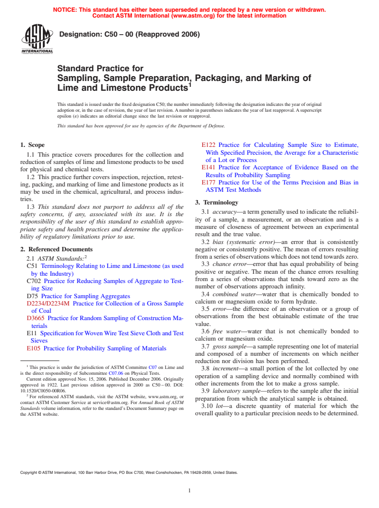 ASTM C50-00(2006) - Standard Practice for Sampling, Sample Preparation, Packaging, and Marking of Lime and Limestone Products