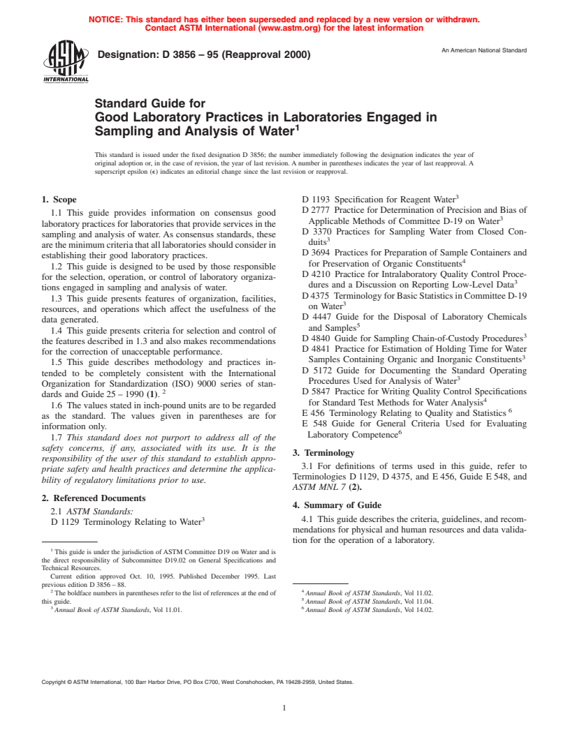 ASTM D3856-95(2000) - Standard Guide for Good Laboratory Practices in Laboratories Engaged in Sampling and Analysis of Water