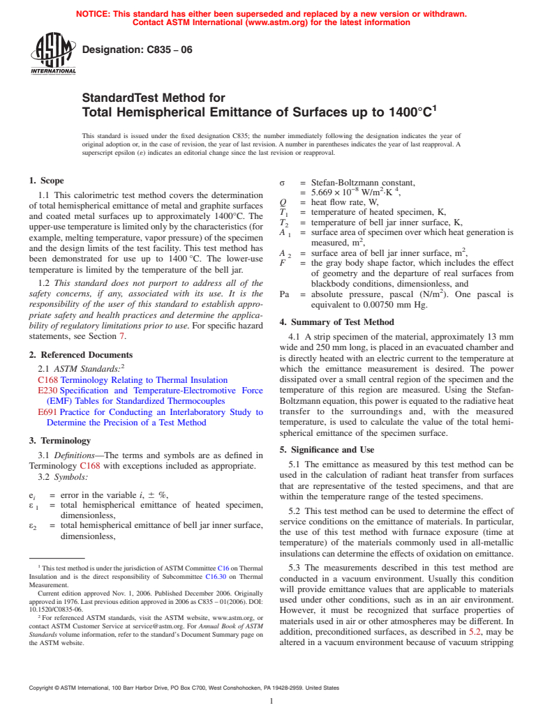ASTM C835-06 - Standard Test Method for Total Hemispherical Emittance of Surfaces up to 1400&#176;C