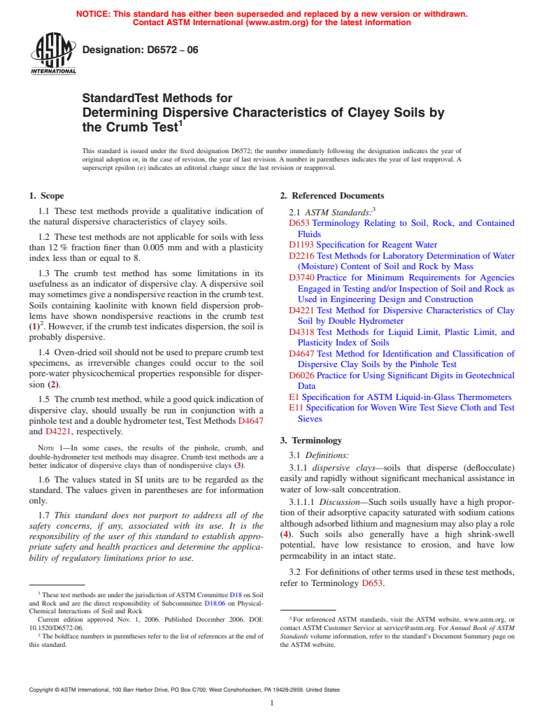 ASTM D6572-06 - Standard Test Methods for Determining Dispersive Characteristics of Clayey Soils by the Crumb Test