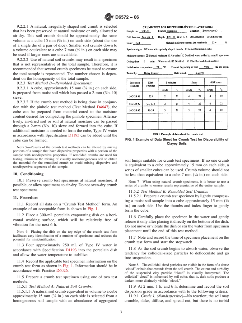 ASTM D6572-06 - Standard Test Methods for Determining Dispersive Characteristics of Clayey Soils by the Crumb Test