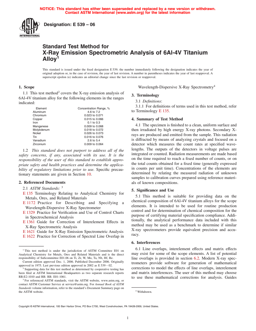 ASTM E539-06 - Standard Test Method for X-Ray Emission Spectrometric Analysis of 6Al-4V Titanium Alloy