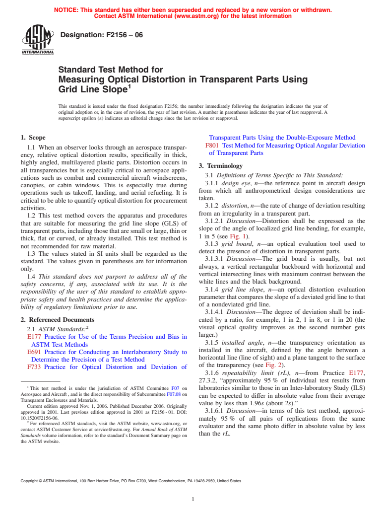 ASTM F2156-06 - Standard Test Method for Measuring Optical Distortion in Transparent Parts Using Grid Line Slope