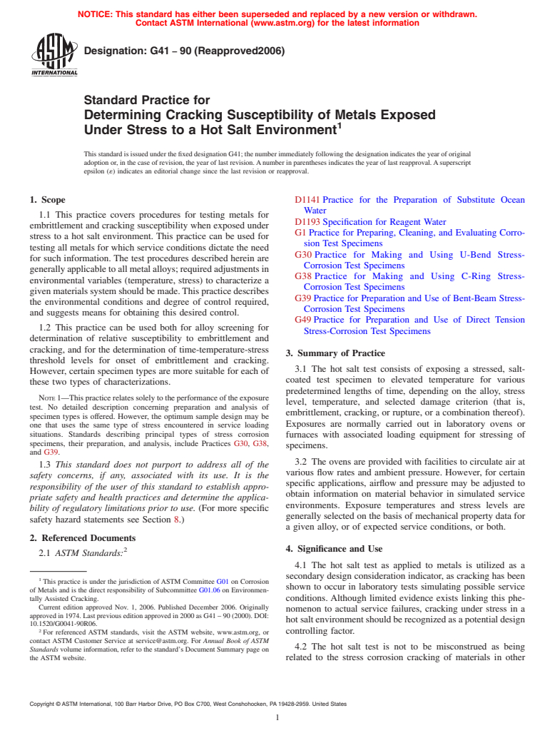 ASTM G41-90(2006) - Standard Practice for Determining Cracking Susceptibility of Metals Exposed Under Stress to a Hot Salt Environment