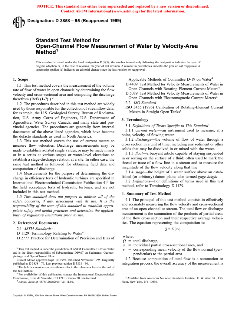 ASTM D3858-95(1999) - Standard Test Method for Open-Channel Flow Measurement of Water by Velocity-Area Method