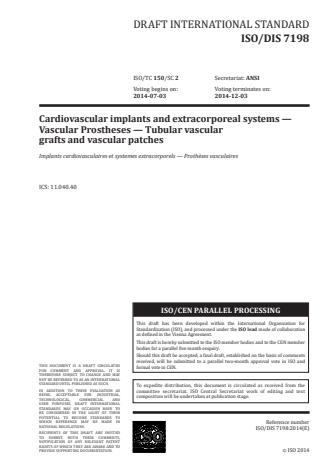 ISO 7198:2016 - Cardiovascular implants and extracorporeal systems -- Vascular prostheses -- Tubular vascular grafts and vascular patches