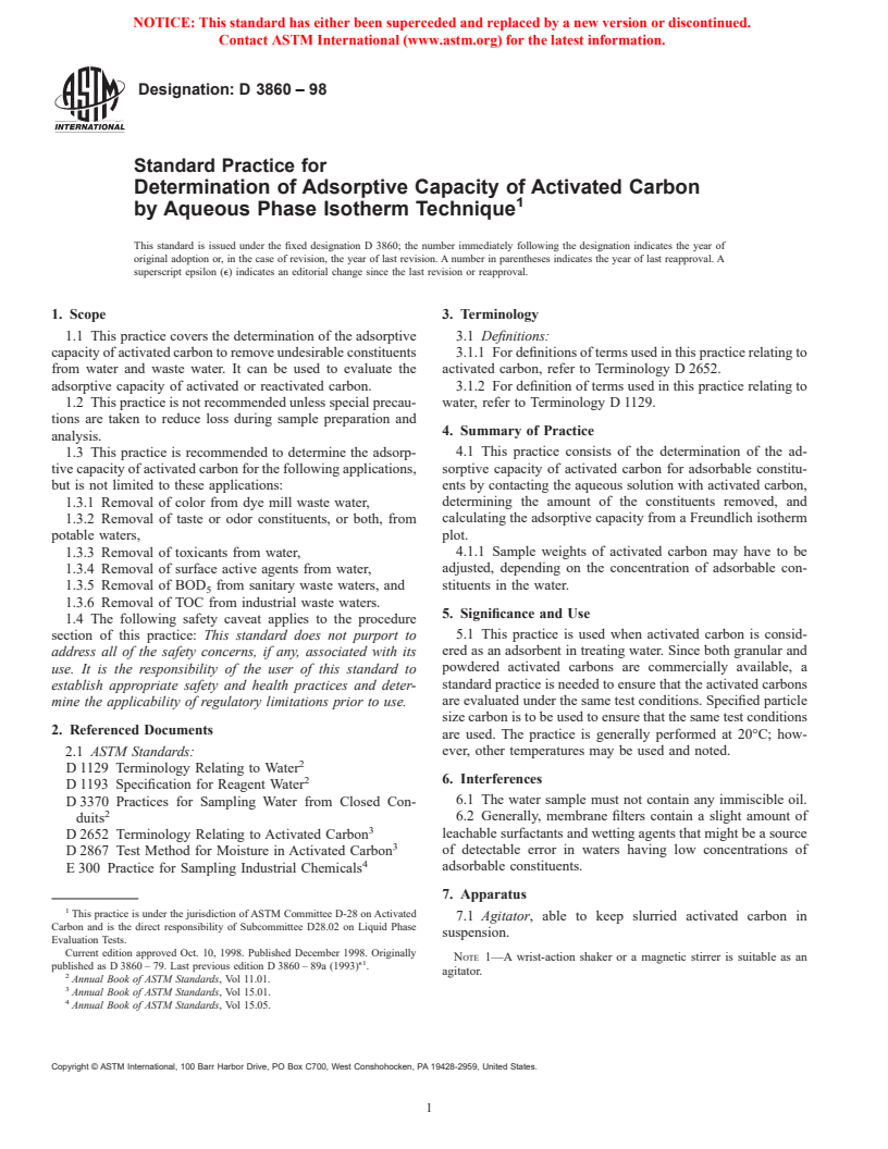 ASTM D3860-98 - Standard Practice for Determination of Adsorptive Capacity of Activated Carbon by Aqueous Phase Isotherm Technique