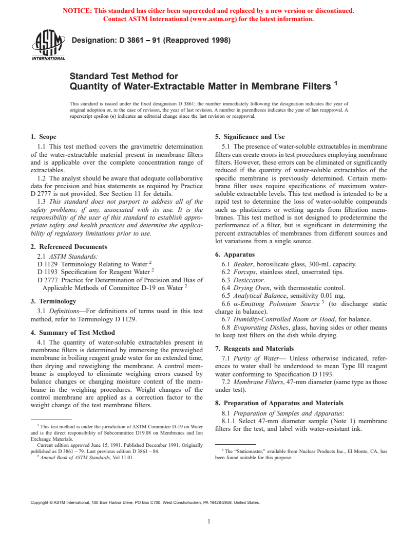 ASTM D3861-91(1998) - Standard Test Method for Quantity of Water-Extractable Matter in Membrane Filters