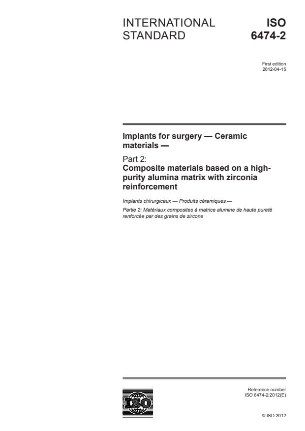 ISO 6474-2:2012 - Implants for surgery -- Ceramic materials