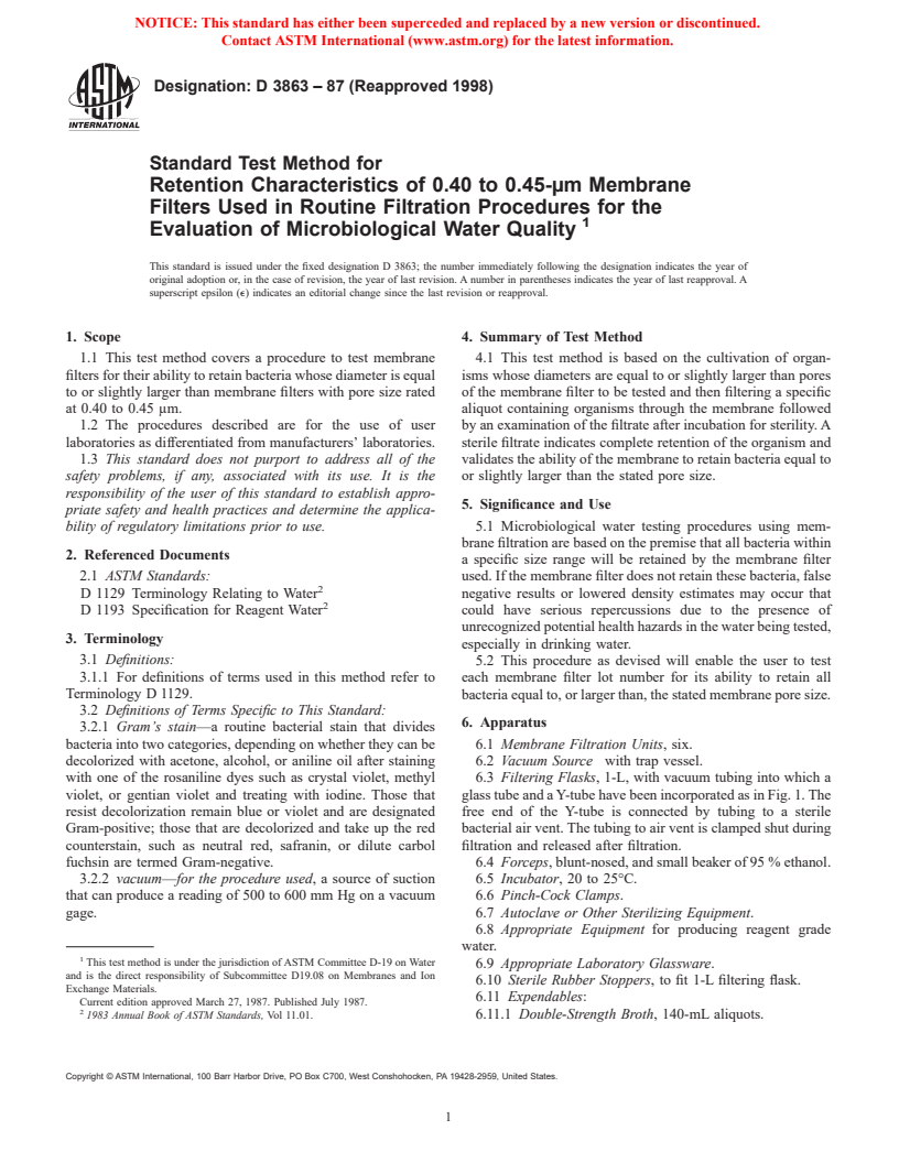 ASTM D3863-87(1998) - Standard Test Method for Retention Characteristics of 0.40 to 0.45-&#181m Membrane Filters Used in Routine Filtration Procedures for the Evaluation of Microbiological Water Quality