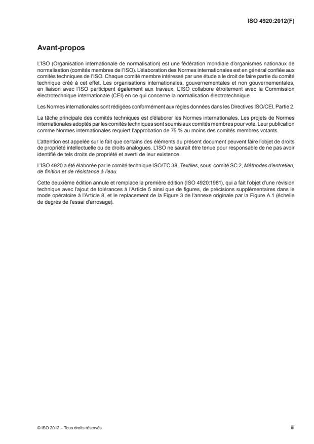 ISO 4920:2012 - Étoffes -- Détermination de la résistance au mouillage superficiel (essai d'arrosage)
