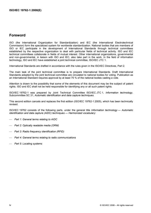 ISO/IEC 19762-1:2008 ISO/IEC 19762-1:2008 - Information technology -- Automatic identification and data capture (AIDC) techniques -- Harmonized vocabulary - Page 4 preview