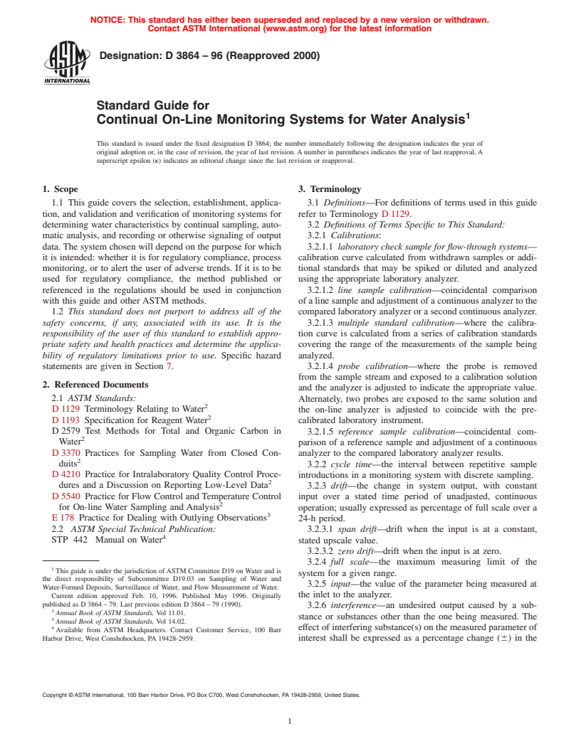 ASTM D3864-96(2000) - Standard Guide for Continual On-Line Monitoring Systems for Water Analysis