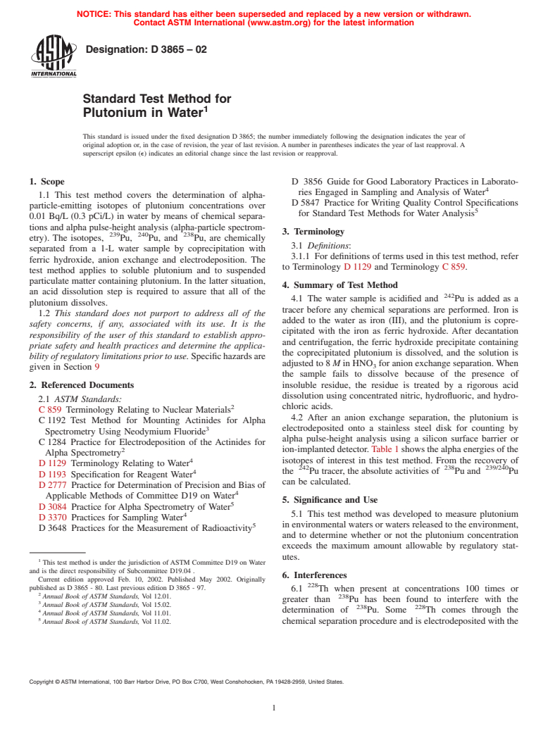 ASTM D3865-02 - Standard Test Method for Plutonium in Water