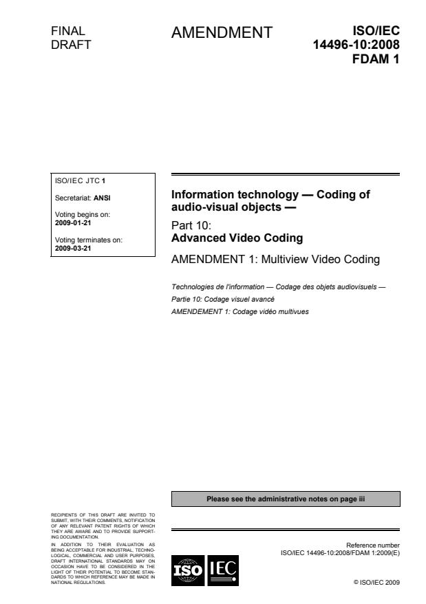 ISO/IEC 14496-10:2008/FDAM 1 - Multiview Video Coding