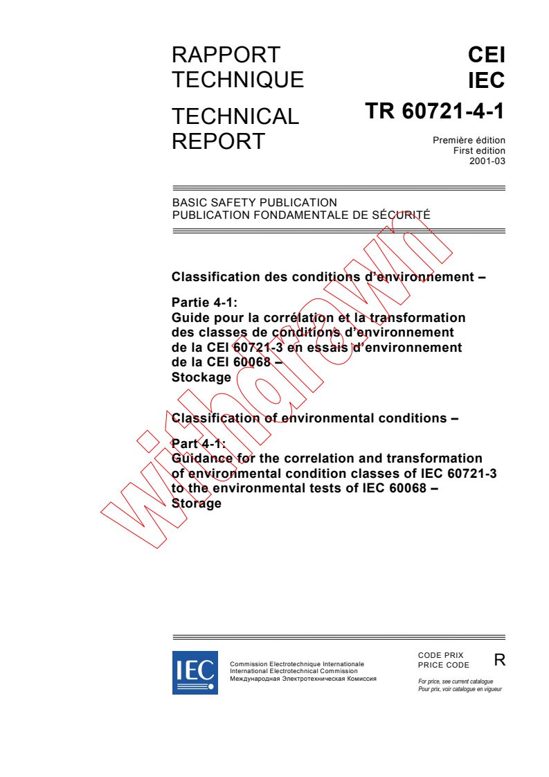 IEC TR 60721-4-1:2001 - Classification of environmental conditions - Part 4-1: Guidance for the correlation and transformation of environmental condition classes of IEC 60721-3 to the environmental tests of IEC 60068 - Storage
Released:3/30/2001
Isbn:2831857201