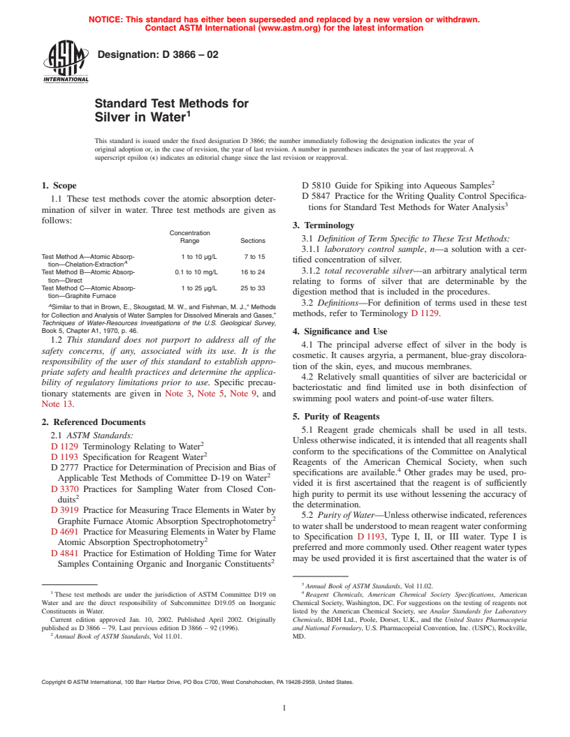 ASTM D3866-02 - Standard Test Methods for Silver in Water