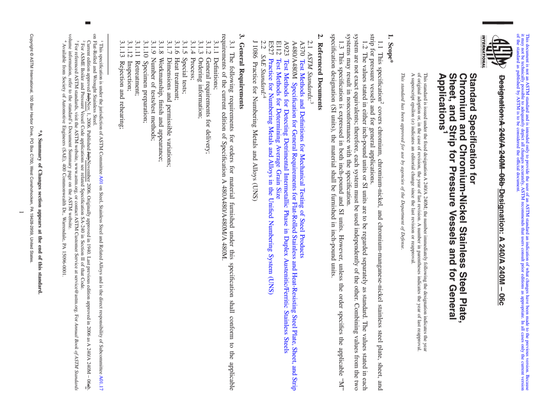 REDLINE ASTM A240/A240M-06c - Standard Specification for Chromium and Chromium-Nickel Stainless Steel Plate, Sheet, and Strip for Pressure Vessels and for General Applications