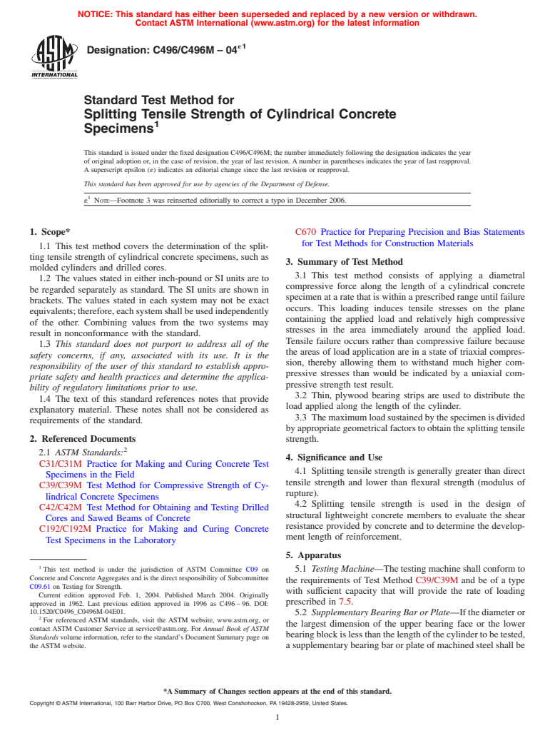 ASTM C496/C496M-04e1 - Standard Test Method for Splitting Tensile Strength of Cylindrical Concrete Specimens