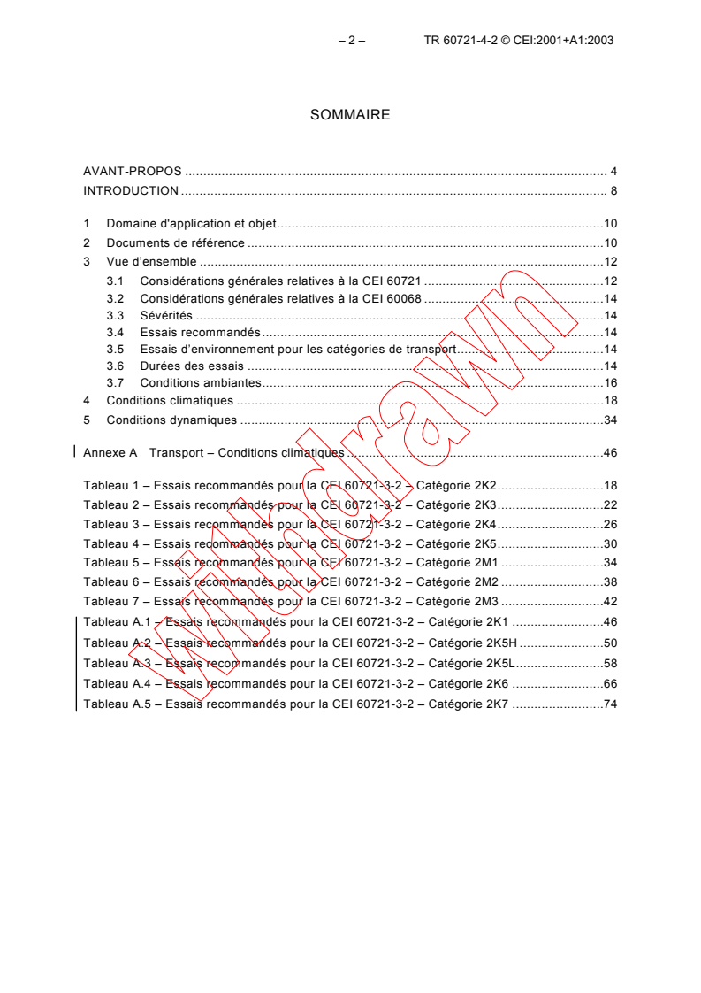 IEC TR 60721-4-2:2001 IEC TR 60721-4-2:2001+AMD1:2003 CSV - Classification of environmental conditions - Part 4-2: Guidance for the correlation and transformation of environmental condition classes of IEC 60721-3 to the environmental tests of IEC 60068 - Transportation
Released:8/18/2003
Isbn:2831870739 - Page 4 preview