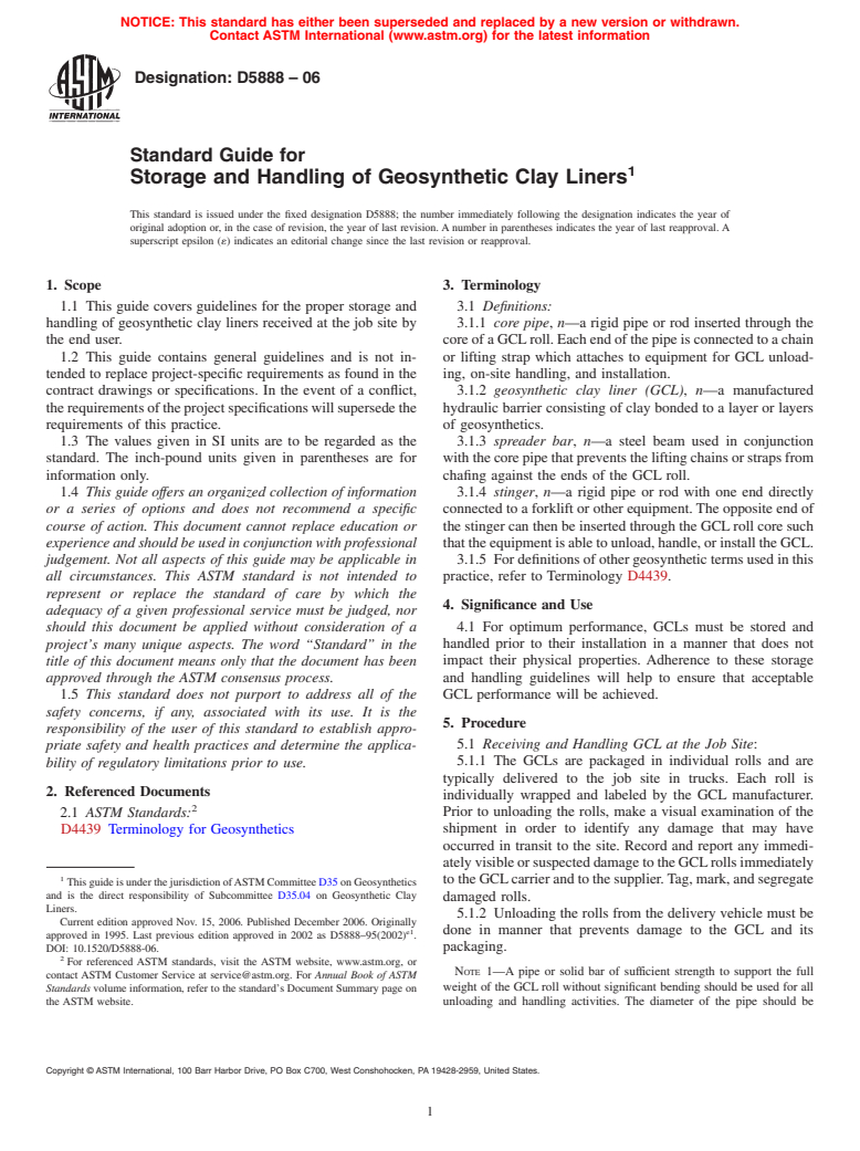 ASTM D5888-06 - Standard Guide for Storage and Handling of Geosynthetic Clay Liners